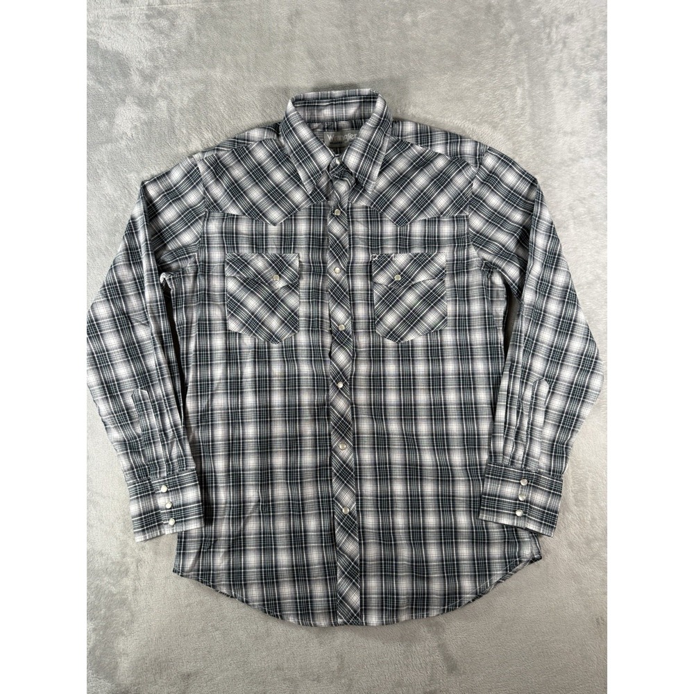 Wrangler Wrancher Shirt Mens Medium Plaid Pearl Snap Long Sleeve
